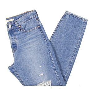 Levi's Womens Wedgie Icon Blue Distressed Button Fly Tapered Leg Jeans NWT